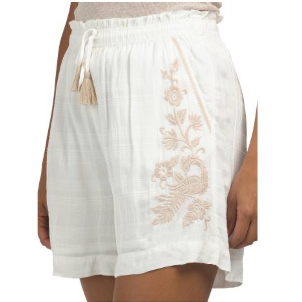 Johnny Was Paperbag Short Kamala White Embroidered Women's Drawstring Shorts XL